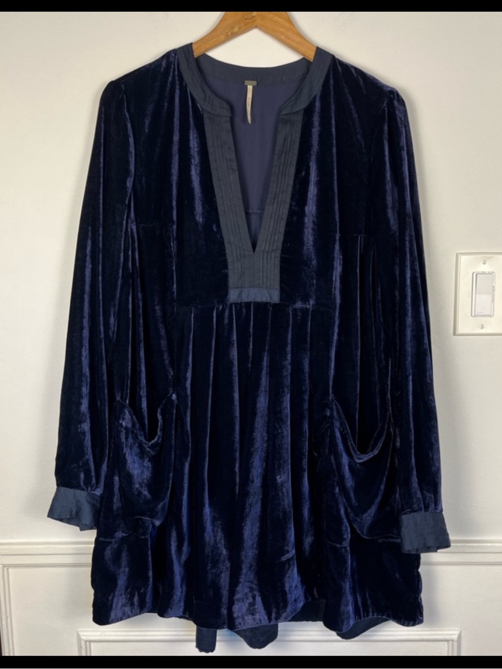 Free People Choose Me Velvet  Tunic Mini Dress in Navy Blue